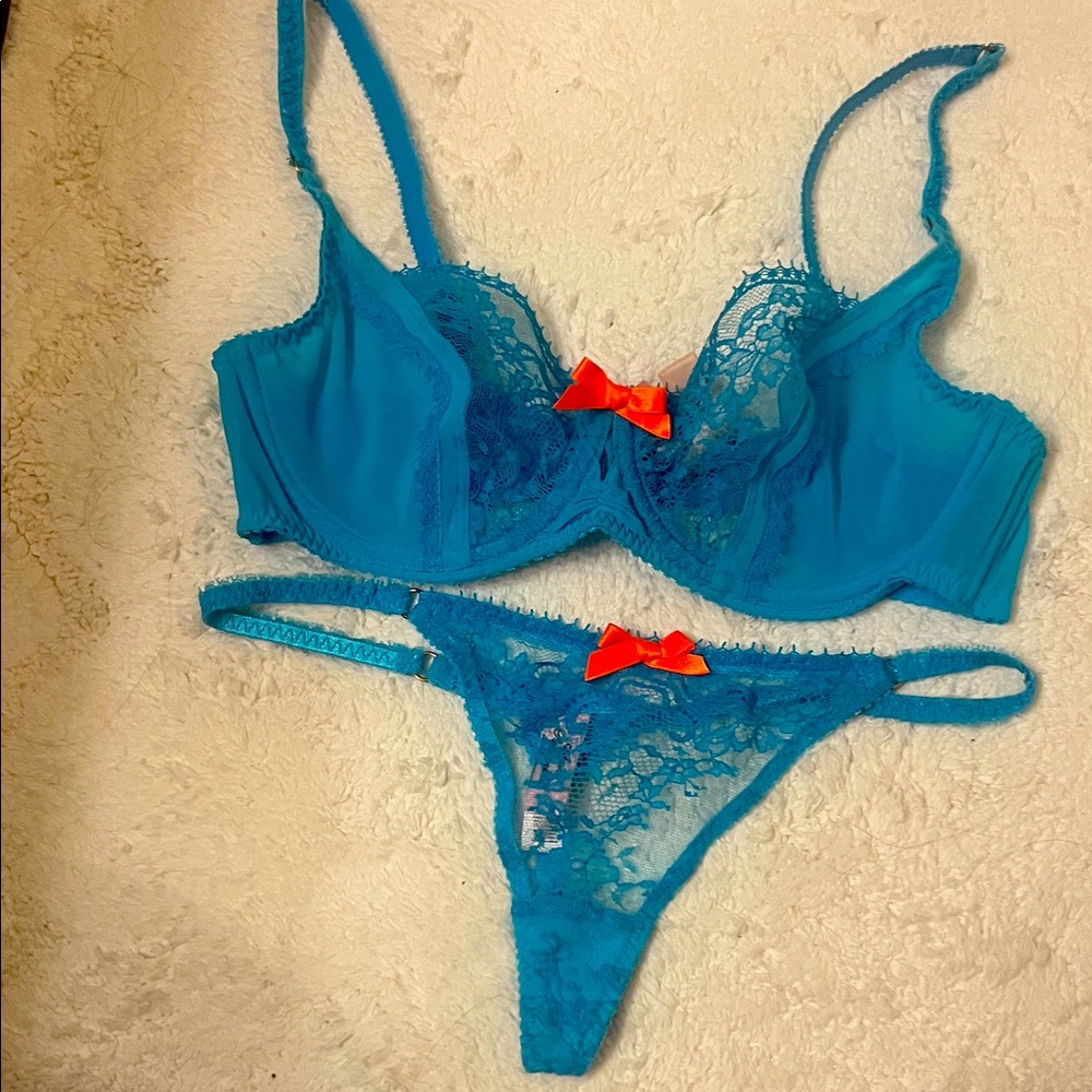 Agent Provocateur Teal Lace Bra Set with Orange Accents